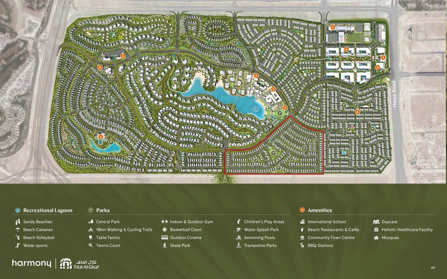 Landscaped parkland and green corridors around the Harmony villas in Tilal Al Ghaf