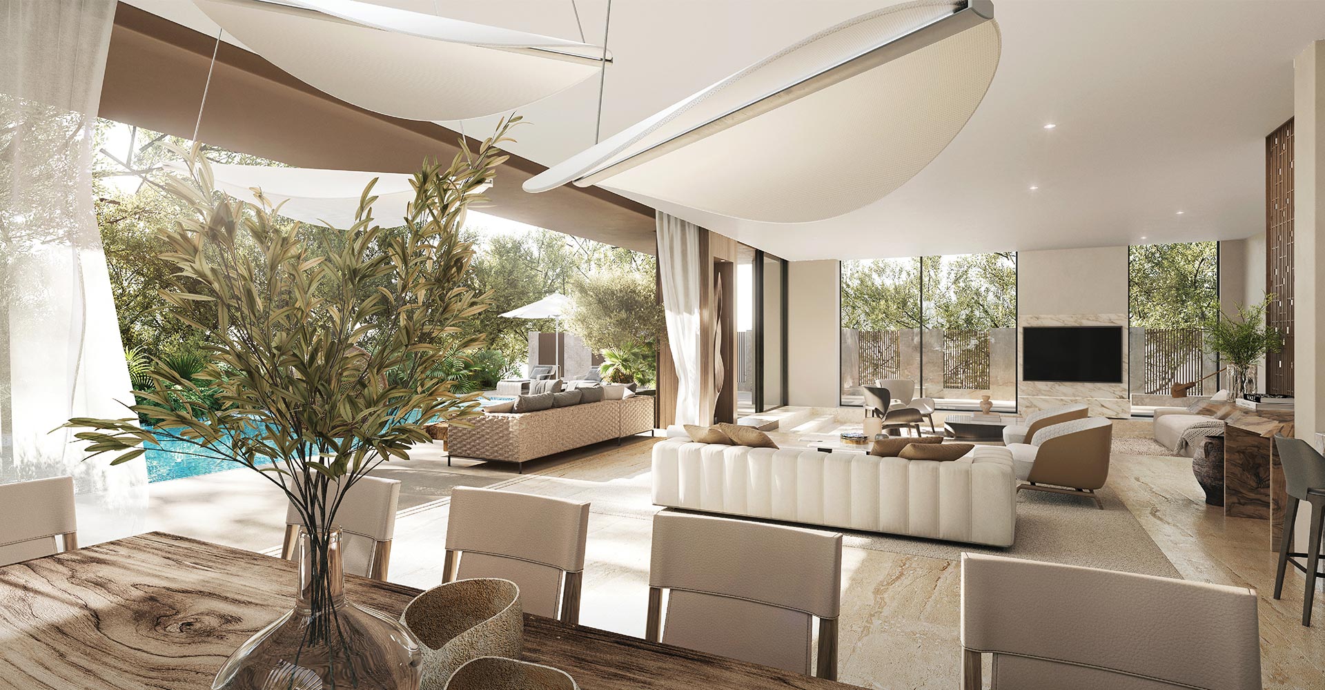 Alaya villa interior in Tilal Al Ghaf with lagoon facing glazing