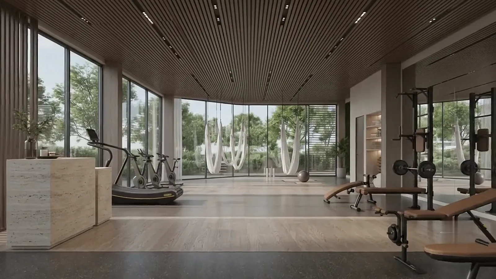 State-of-the-art fitness floor with glass to the garden