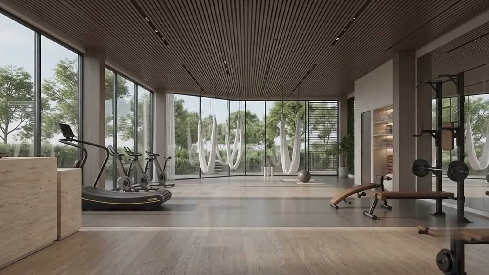Fitness zone with free weights and training benches