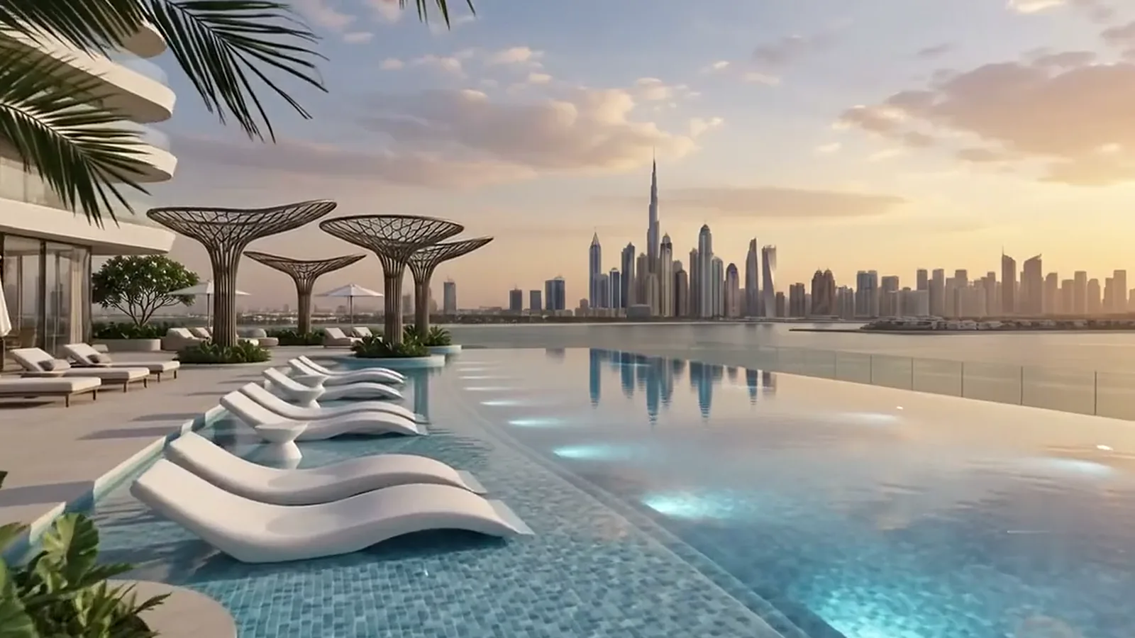 Rooftop 360 degree infinity pool over Dubai Marina at sunset