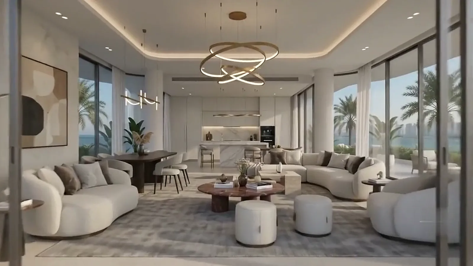 Open-plan living room with sea and city light at Avita