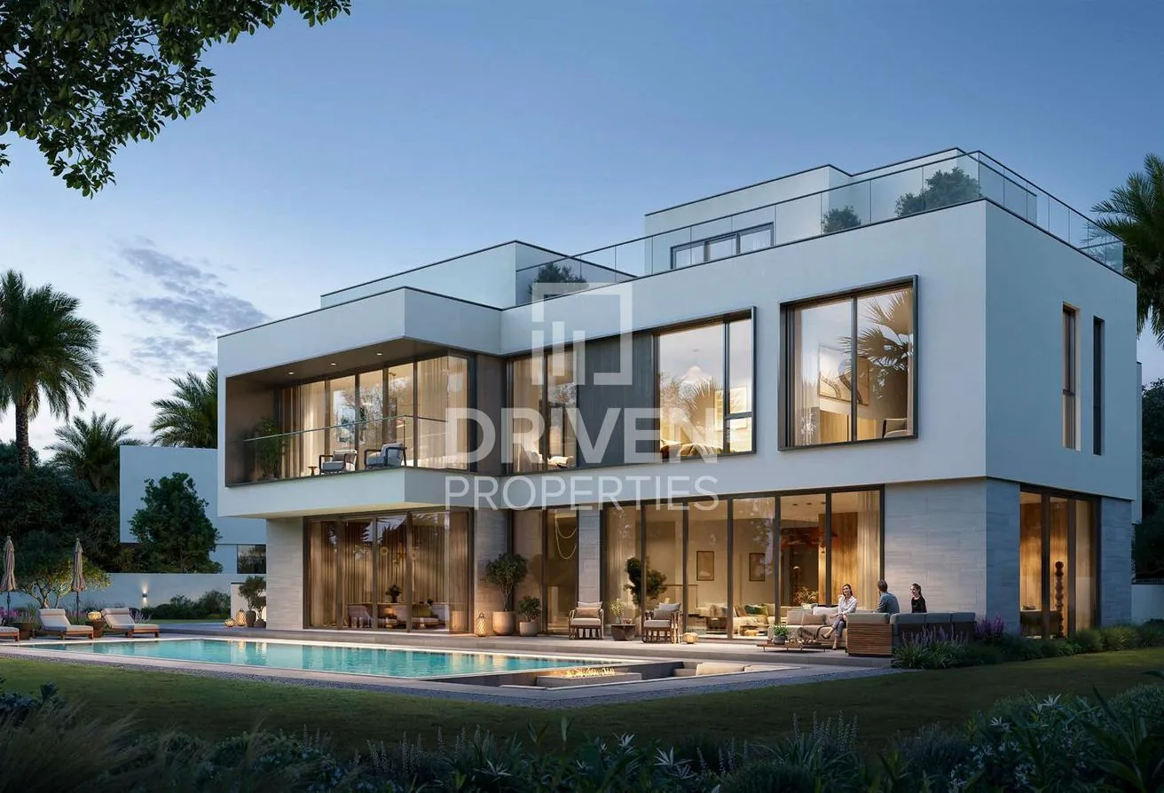 Covered terrace, private pool and lawn with a rooftop terrace above
