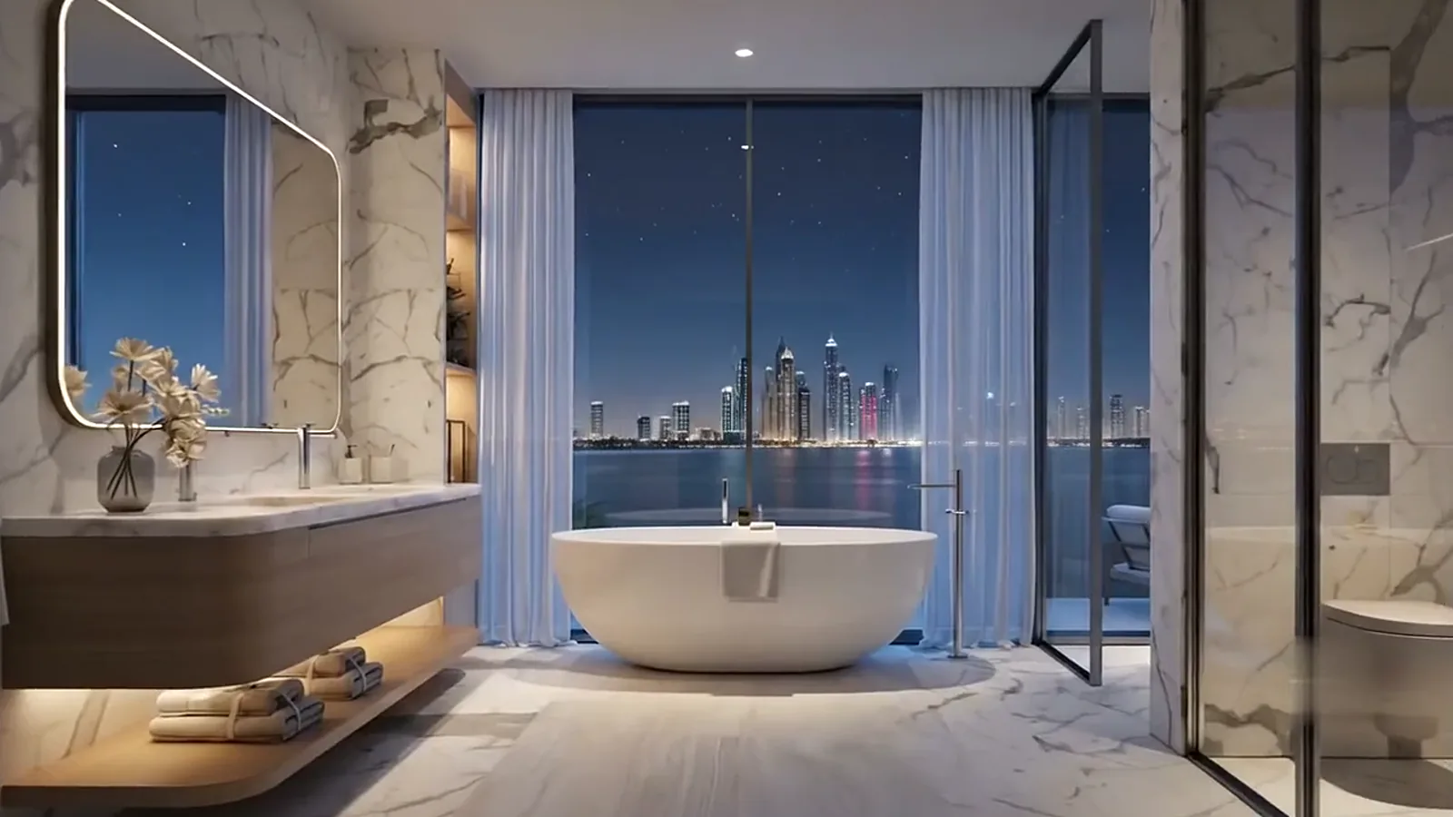 Marble spa bathroom with freestanding tub and night skyline