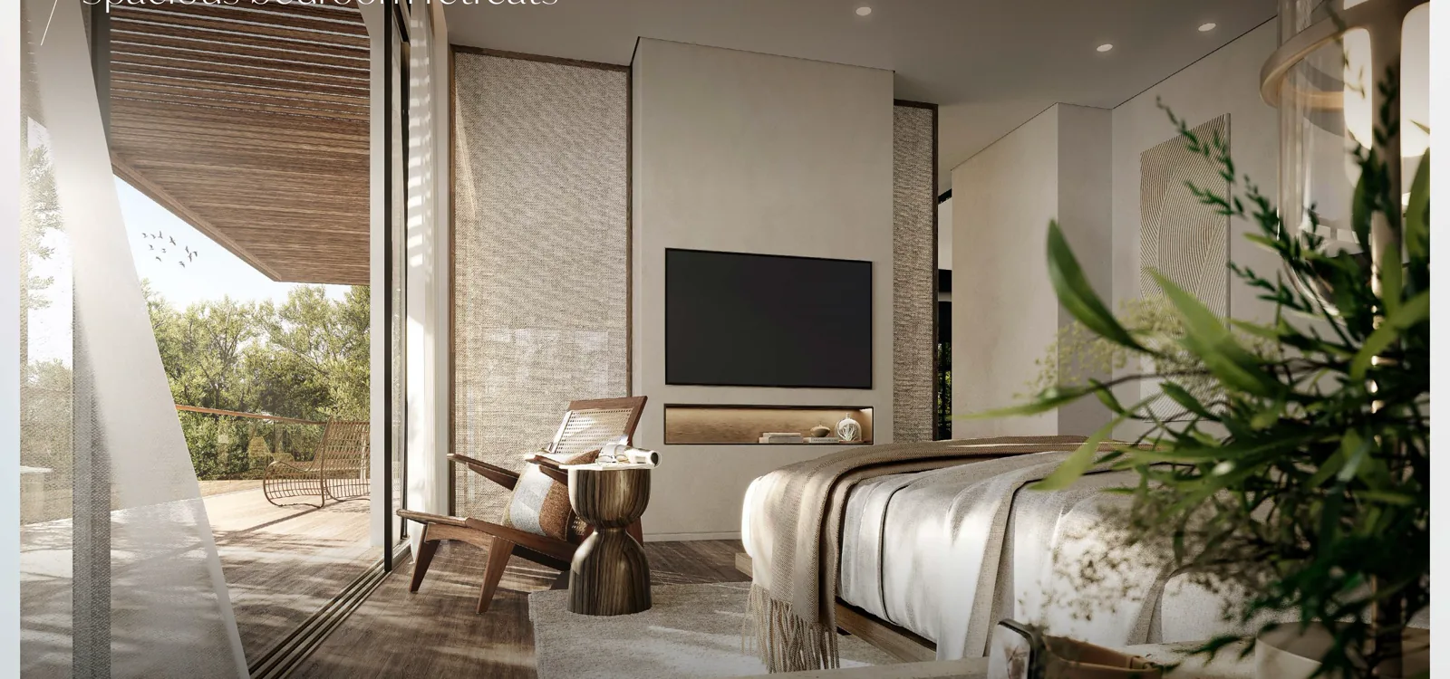 Primary bedroom suite with a private balcony over the treeline at Alaya