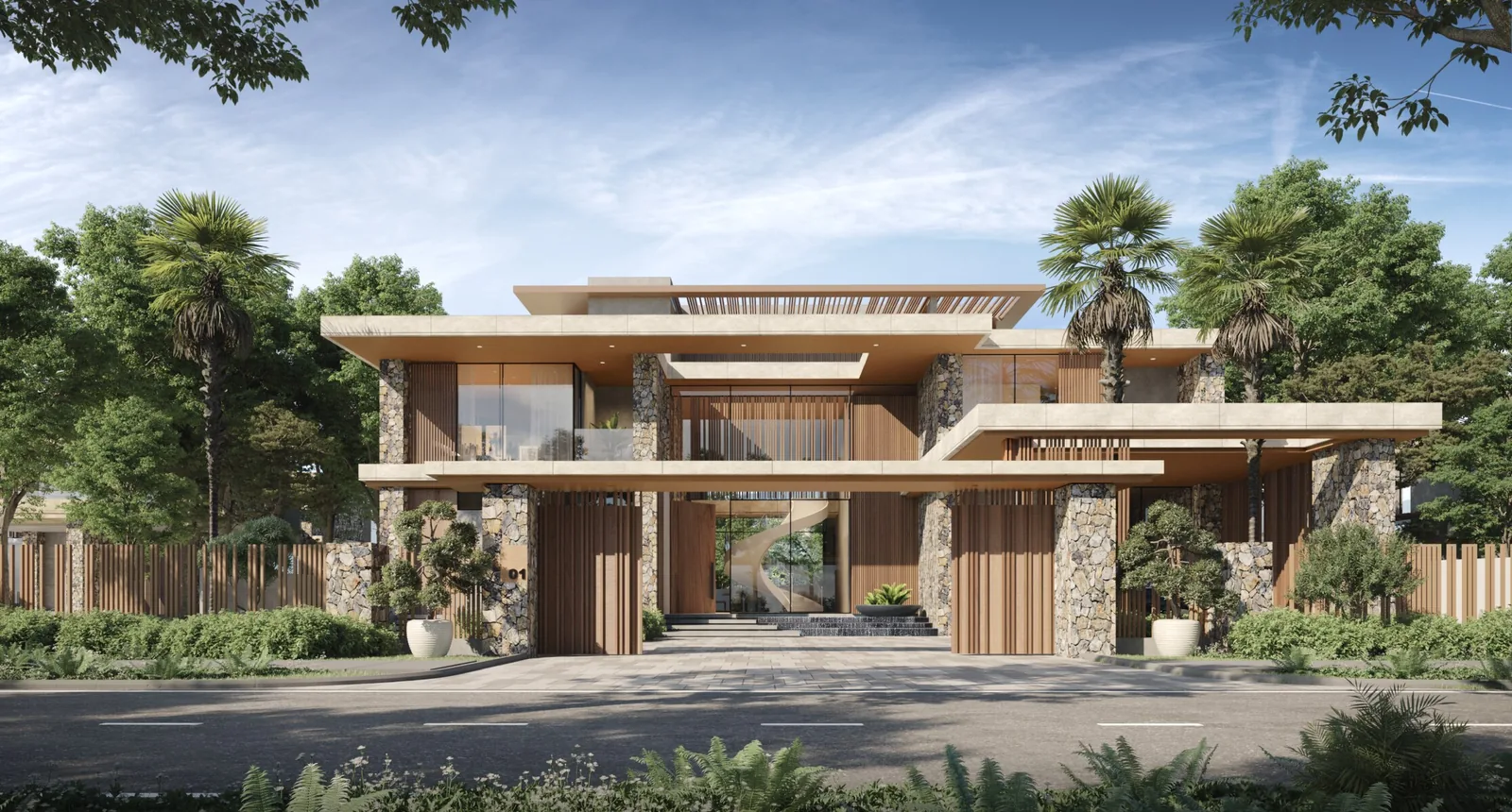 The Mediterranean facade option at Alaya Beach, in pale stone with timber screens and a double height entrance