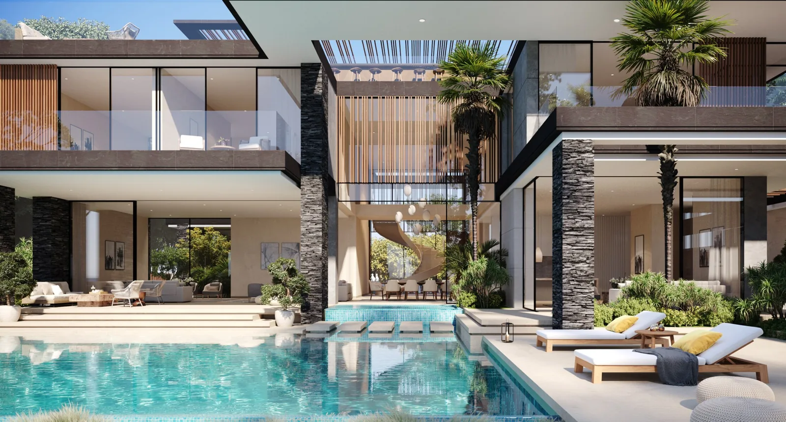 Central courtyard pool at Alaya Beach framed by two wings of the villa and a double height living space