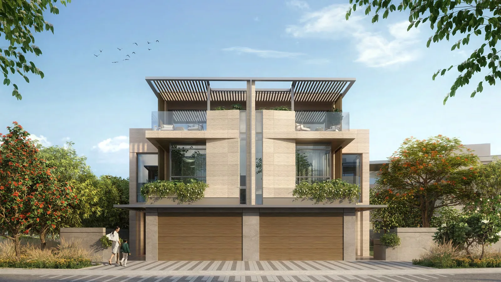 Front facade of an Amara twin villa with beige cladding and metal louvers