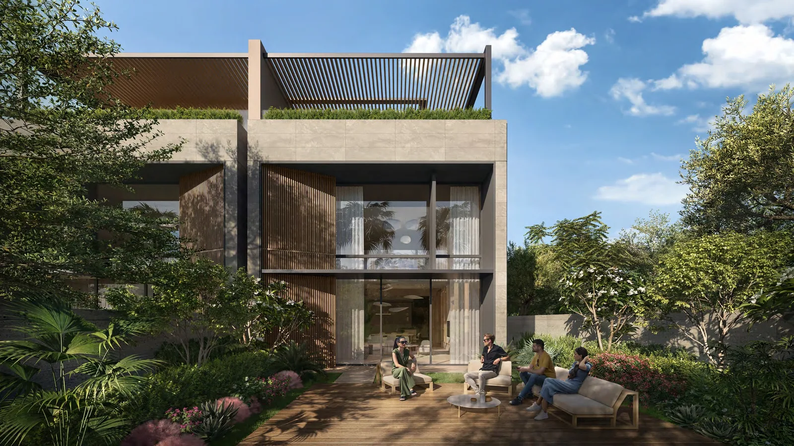 Garden elevation of an Amara twin villa opening to the community park