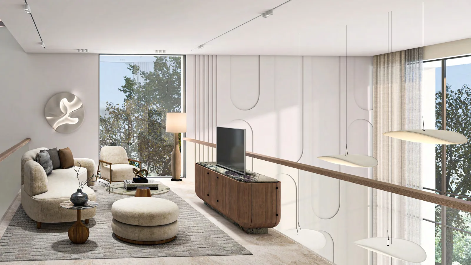Living room in an Amara twin villa with full-height glass to the garden