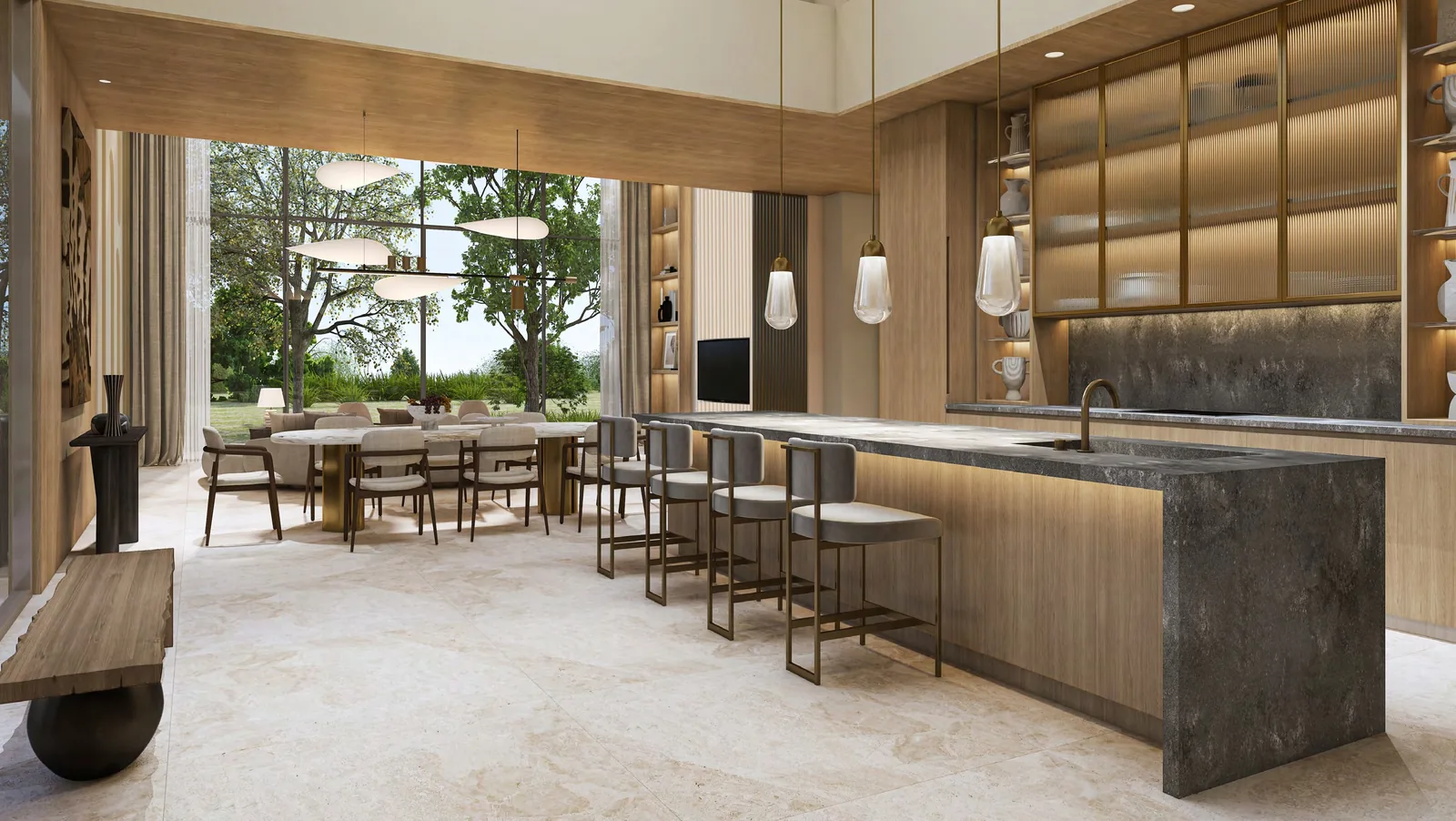 Kitchen with stone island and integrated joinery in an Amara twin villa