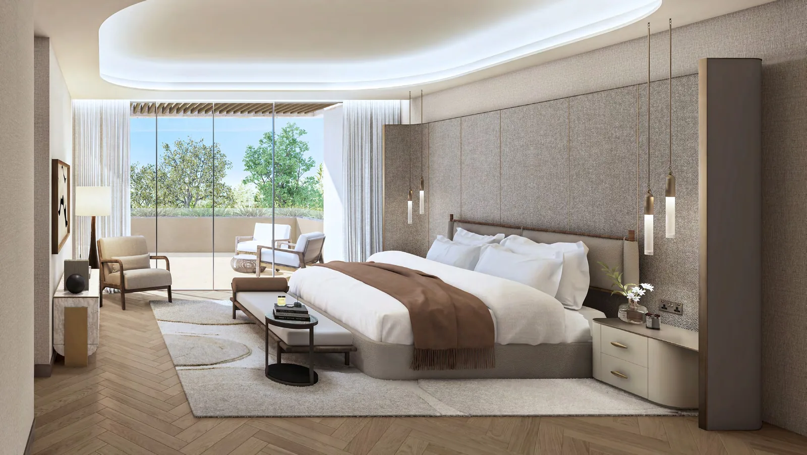 Mega master bedroom with parquet flooring in an Amara twin villa