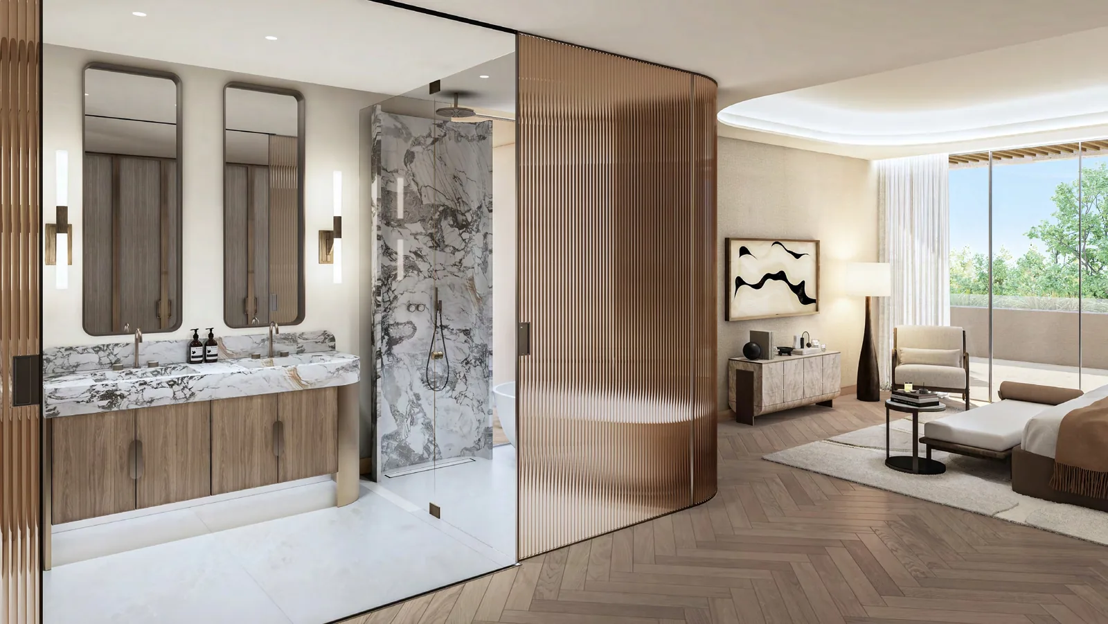 Master bathroom with marble vanity and walk-in shower in an Amara twin villa