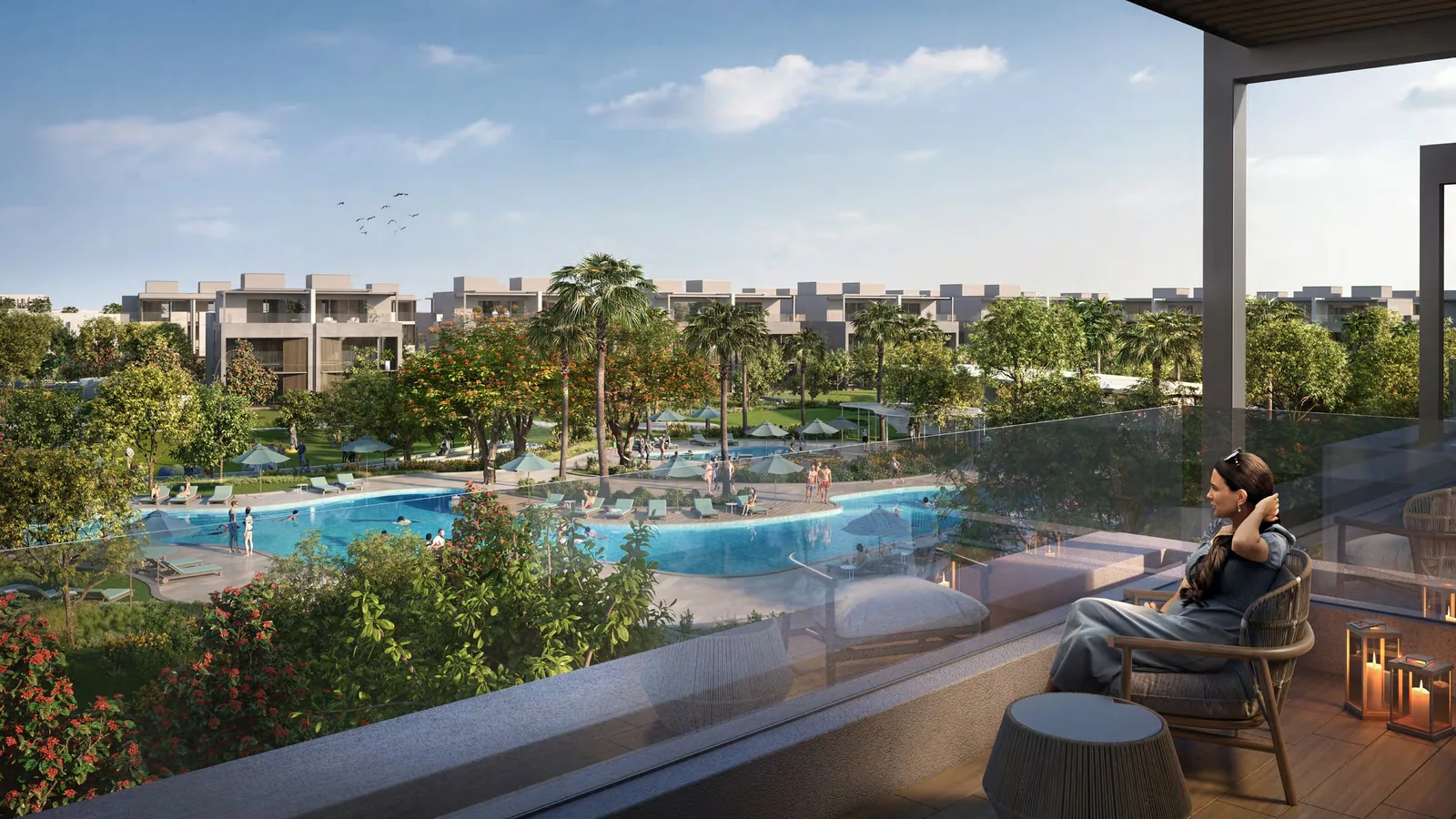 Upper terrace of an Amara twin villa looking over the Tilal Al Ghaf lagoon