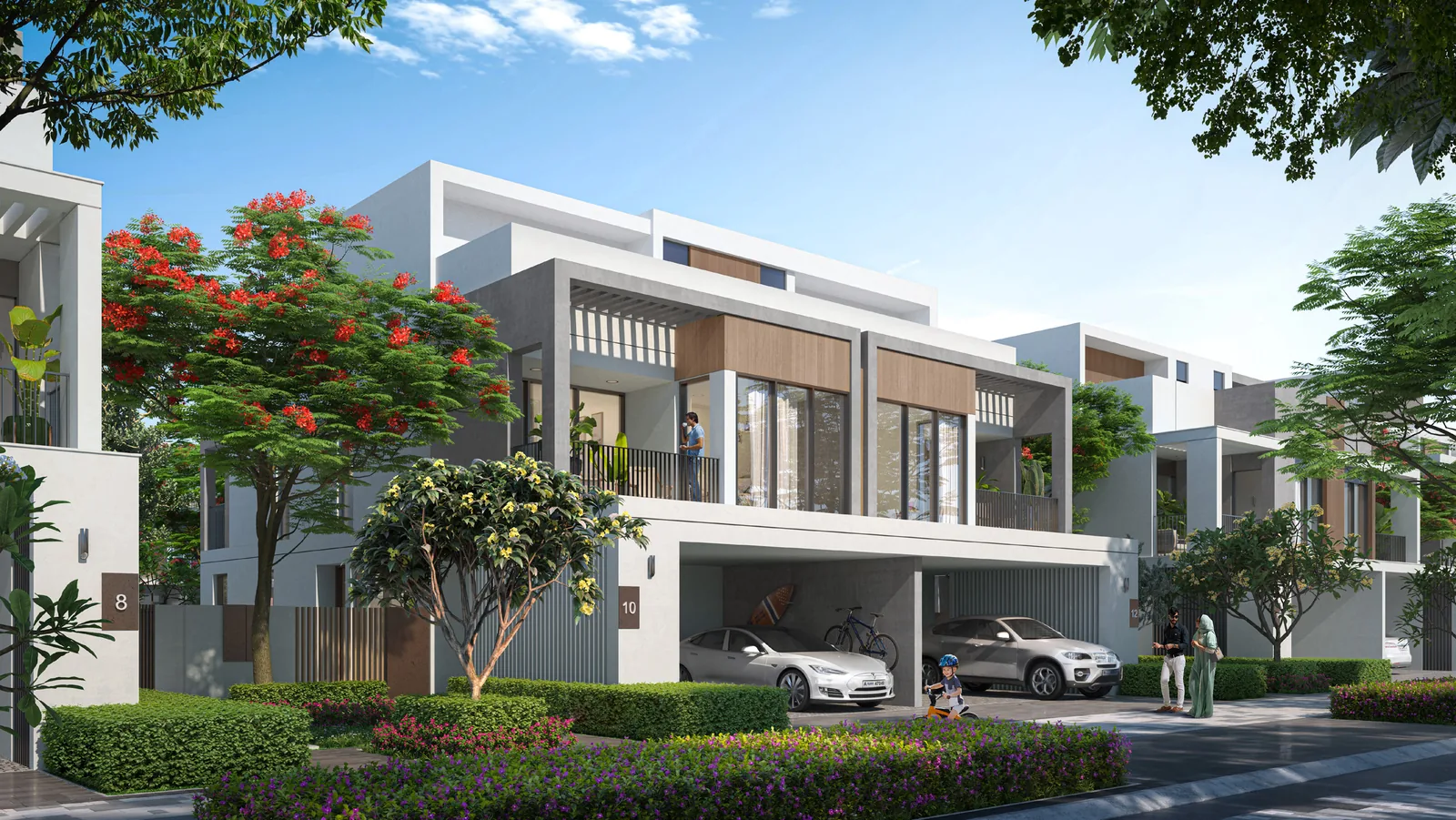 Front elevation of a four bedroom Aura twin villa showing the white and timber facade and the two car driveway