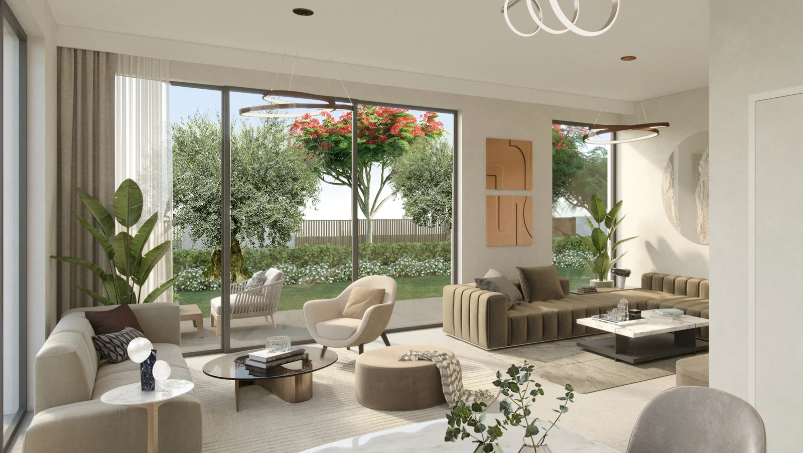 Living room inside an Aura villa at Tilal Al Ghaf opening through sliding glass to the garden