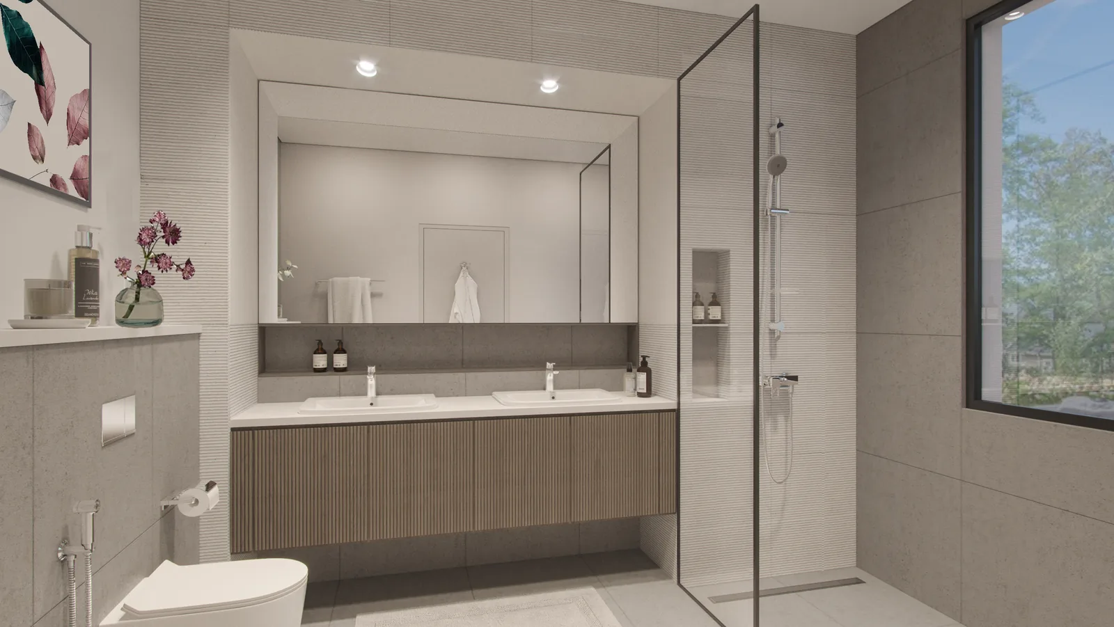 Master bathroom in an Aura villa with a twin vanity, walk in shower and stone finishes