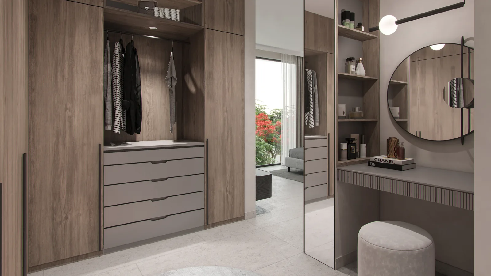 Fitted dressing room in an Aura twin villa with timber joinery, drawers and a round mirror