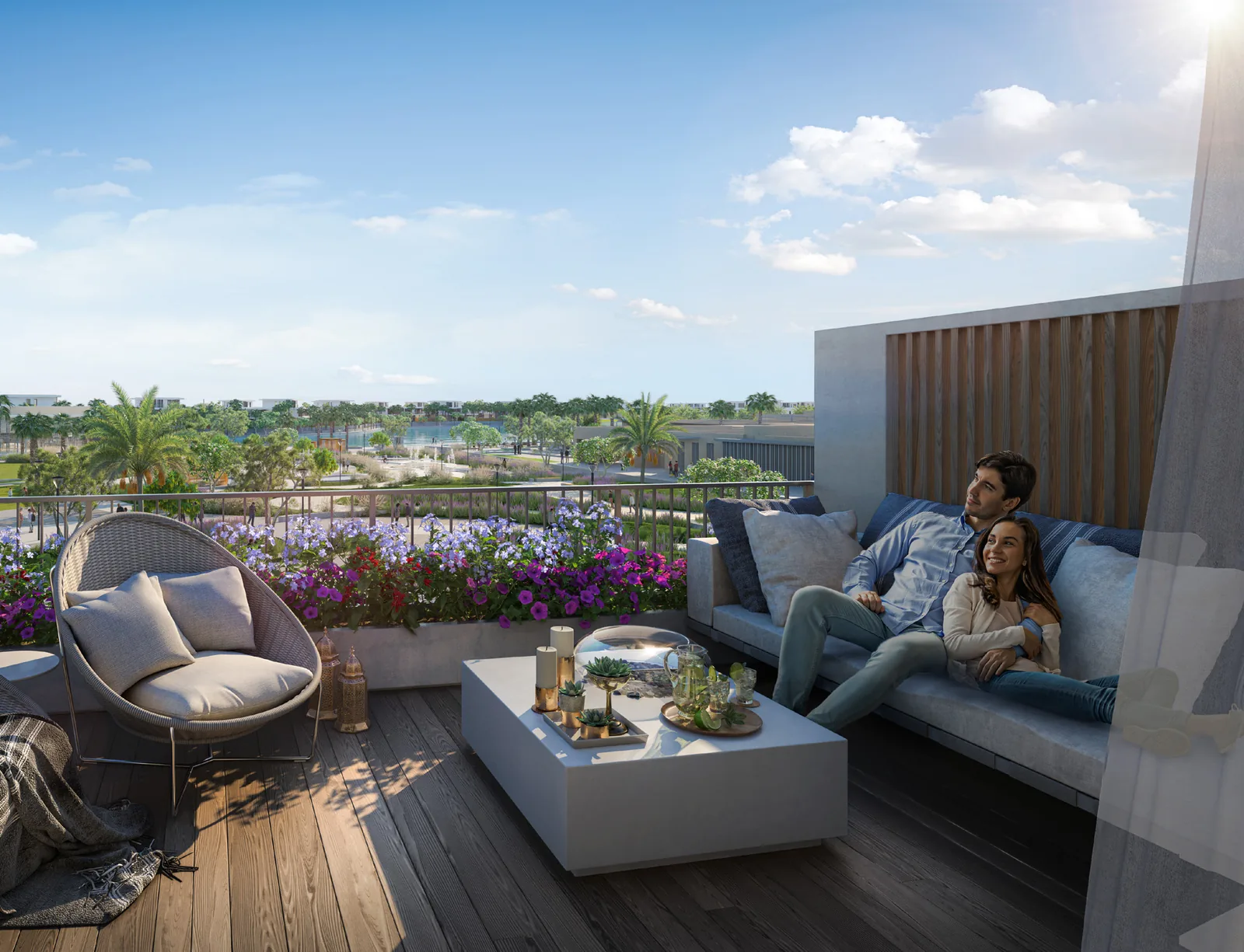 Rooftop Sky Suite terrace on an Aura twin villa at Tilal Al Ghaf with lounge seating and planting overlooking the community