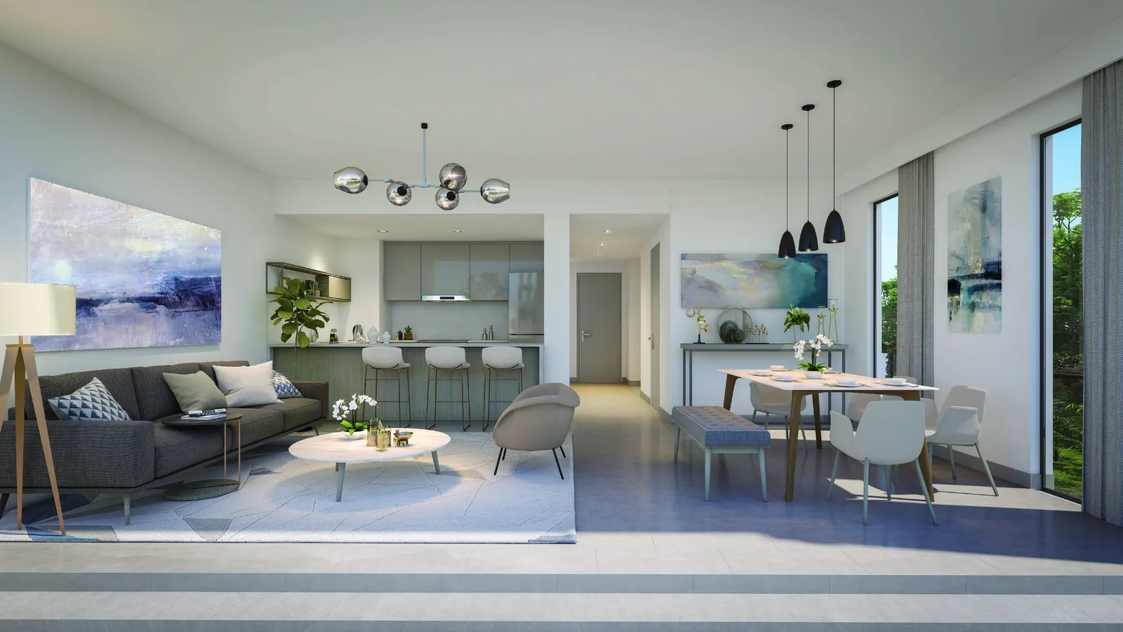 Living and dining room inside an Elan townhouse opening to the garden