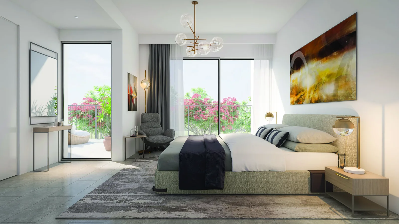 Master bedroom with terrace access in an Elan duplex townhouse