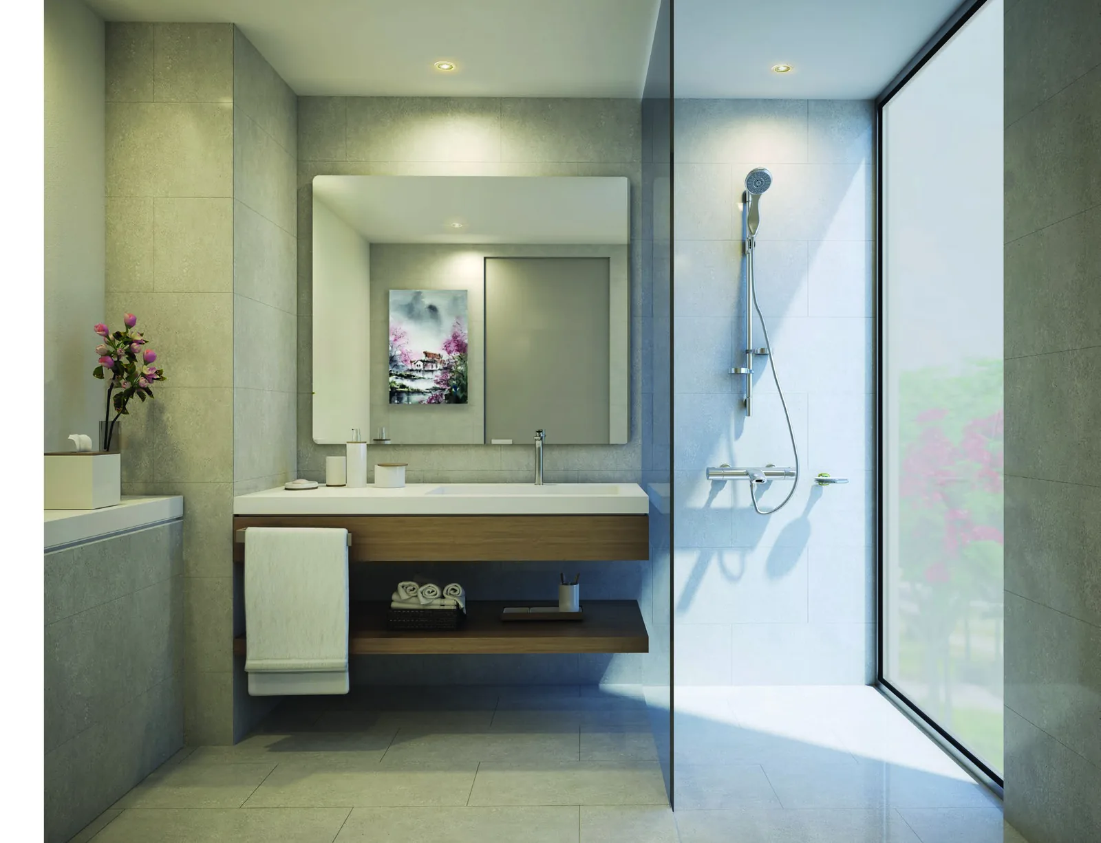 Master bathroom with vanity and walk-in shower in an Elan townhouse