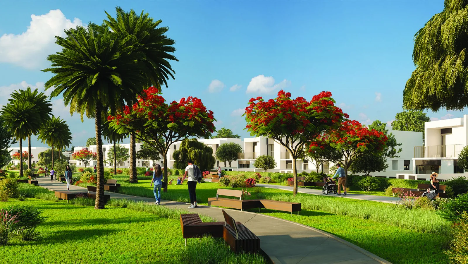 Landscaped park and shaded walkway inside the Elan neighbourhood at Tilal Al Ghaf