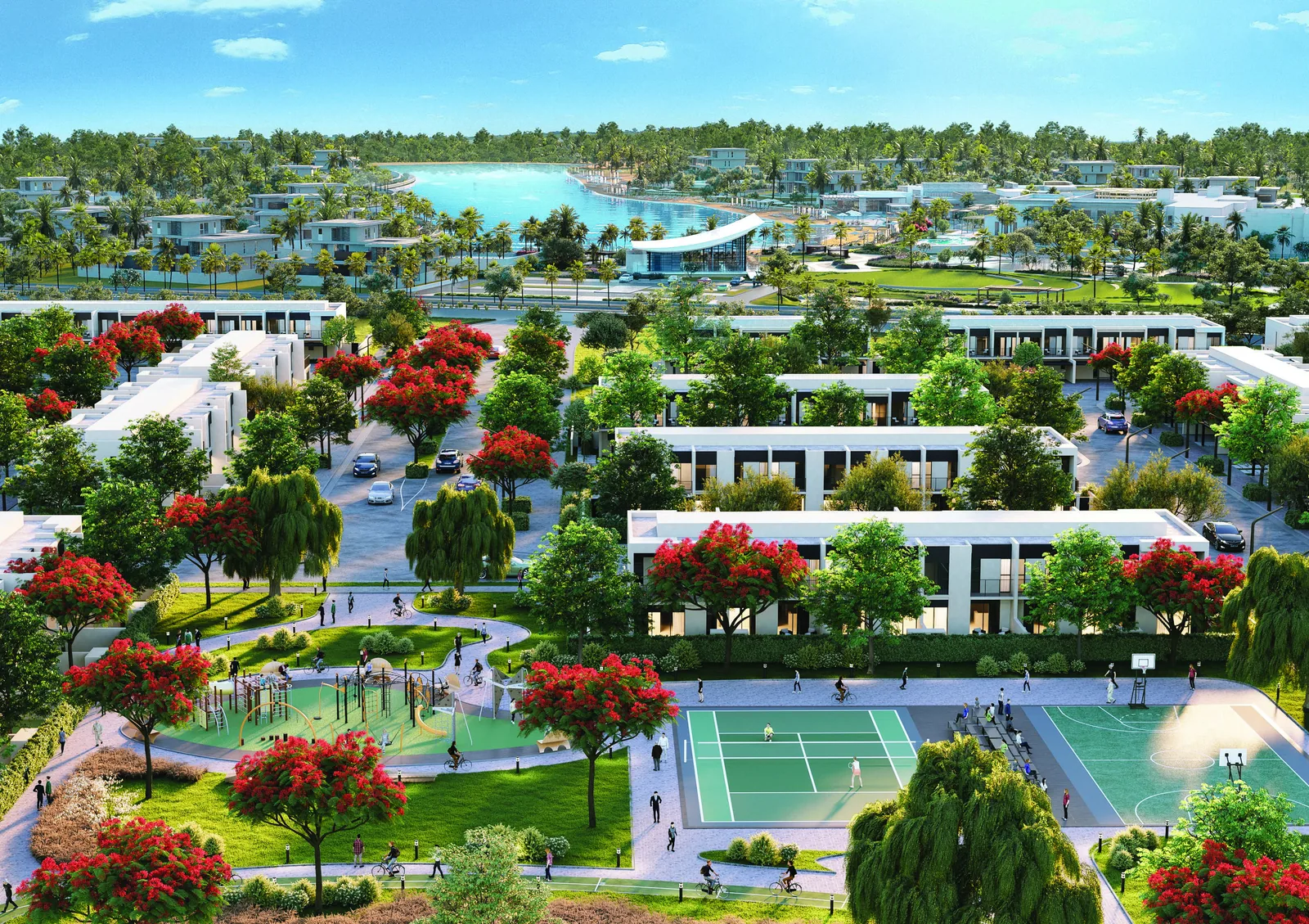 Aerial view of Tilal Al Ghaf showing the recreational lagoon and sports courts