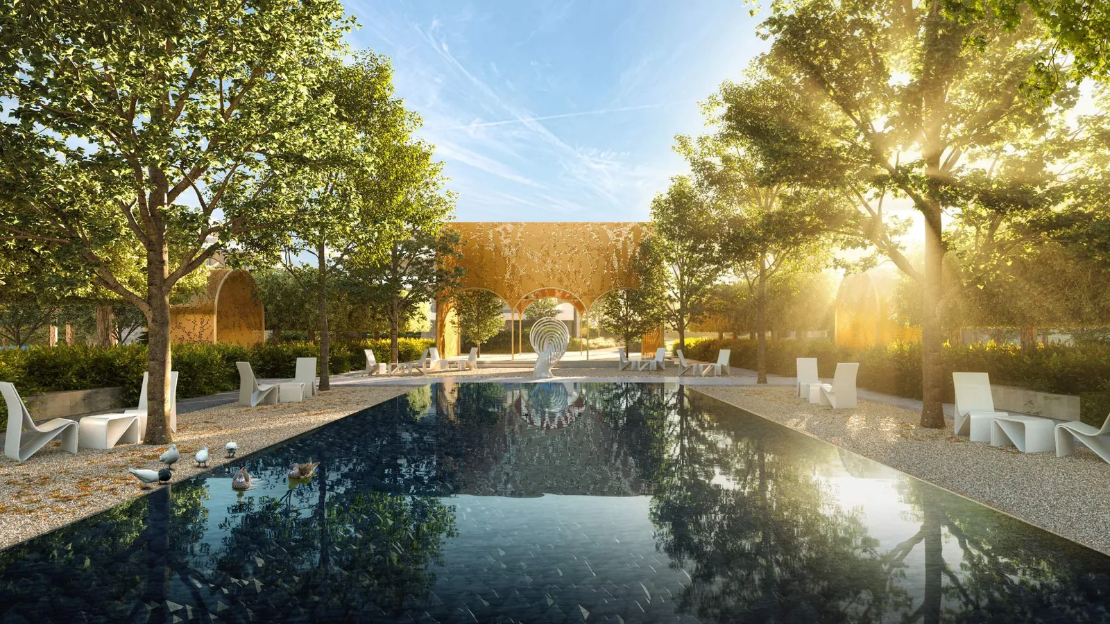 The Pavilion and reflecting pool in the private estate gardens at Elysian Mansions