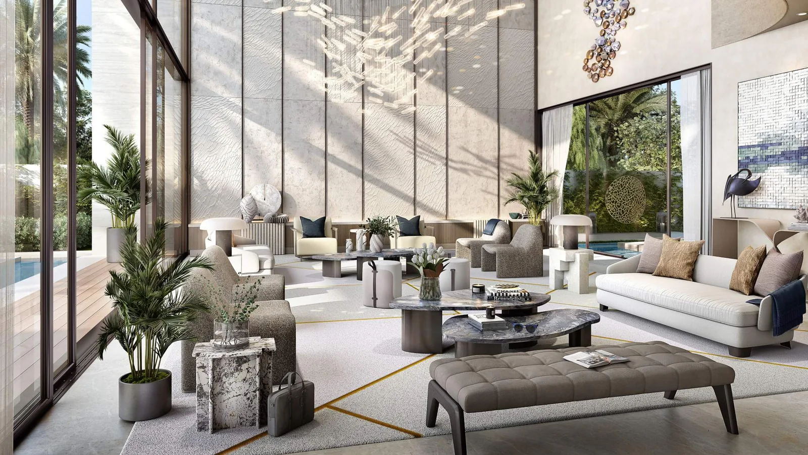 Triple height formal living room with full height glazing in a Muse mansion