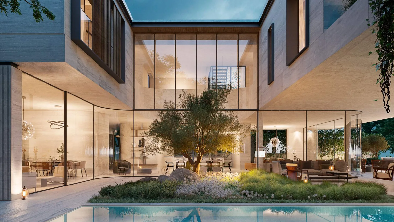 Sunken courtyard with water feature at the centre of a Maia mansion