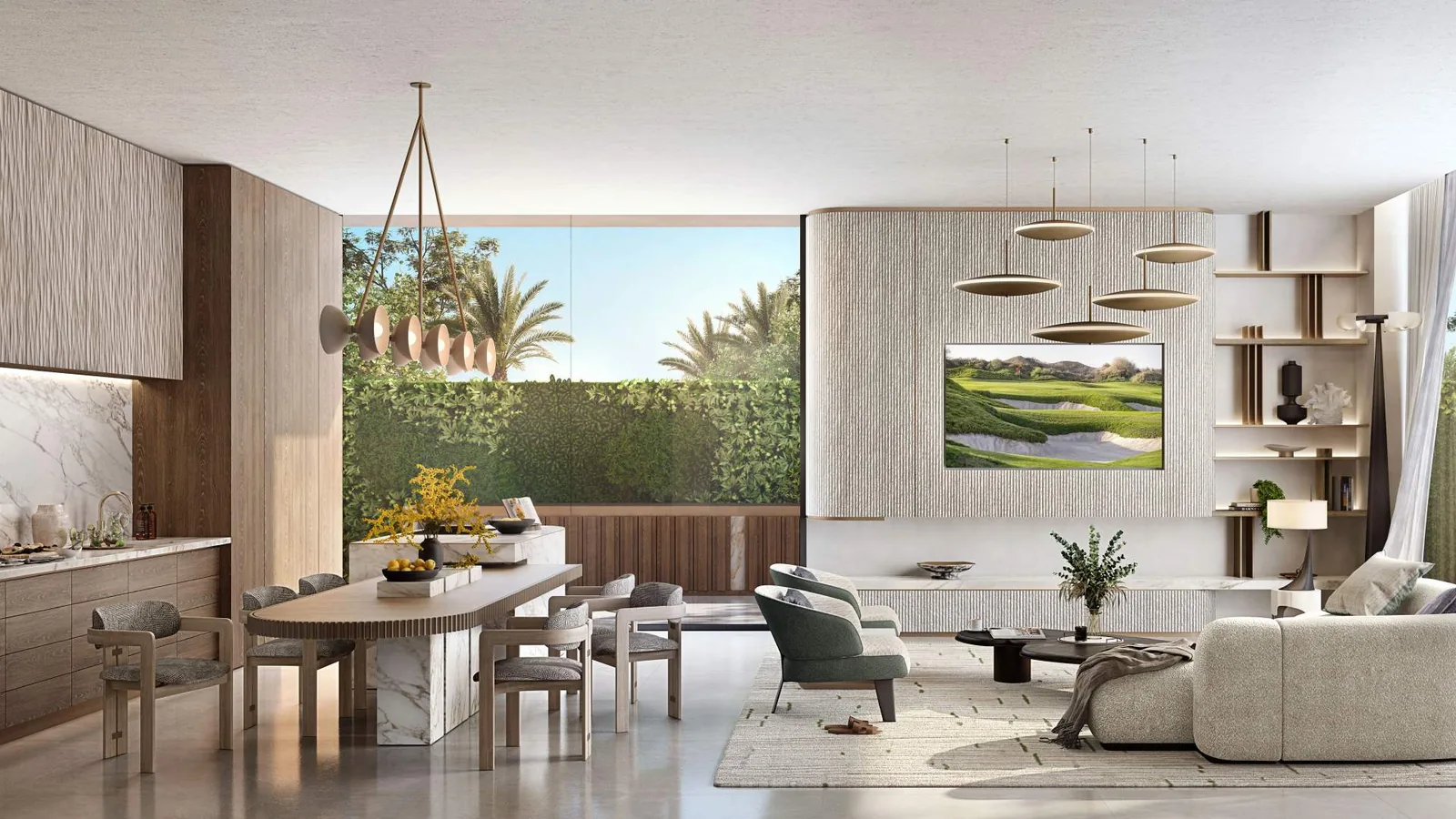 Family living and dining area opening to the garden in a Muse mansion