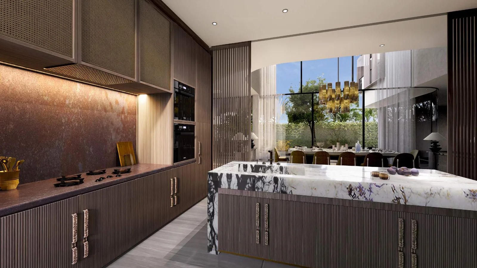 European kitchen with integrated appliances and a marble island in a Maia mansion
