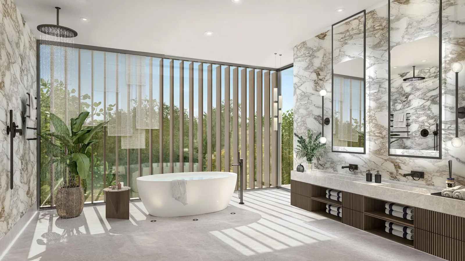 Marble main bathroom with freestanding tub and fluted glass screen