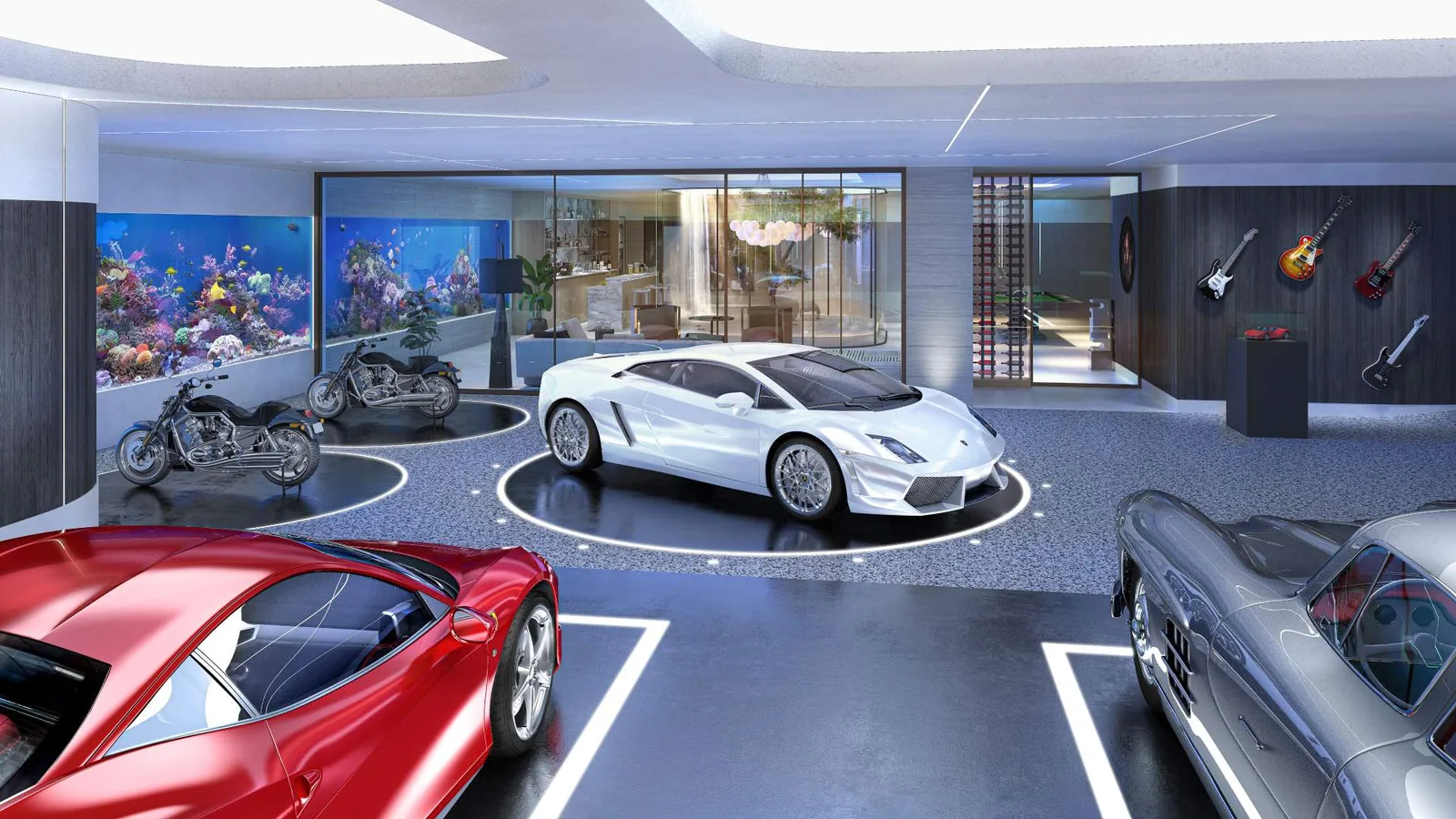 Underground car gallery displaying sports cars beneath a Muse mansion