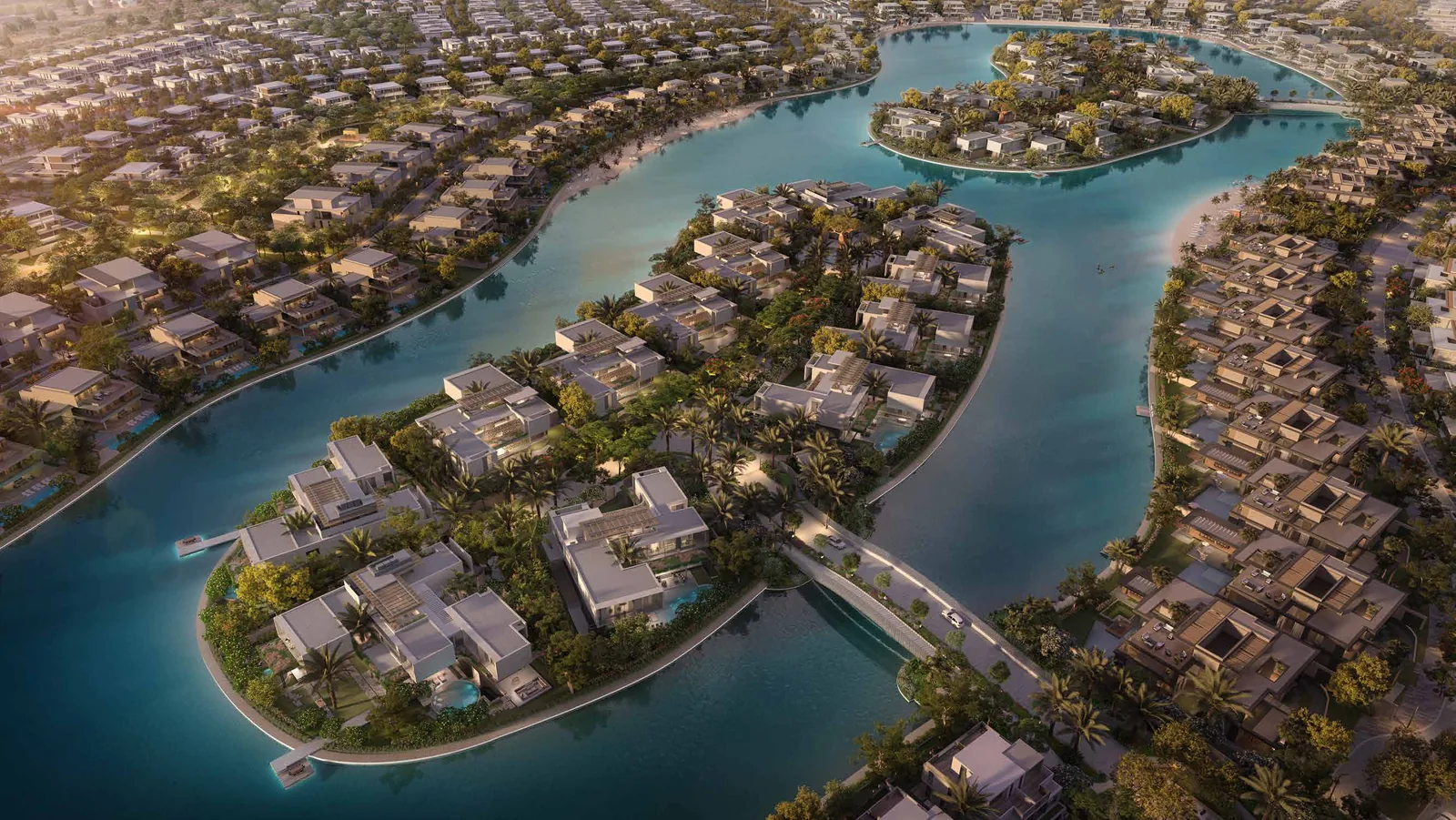 Aerial view of the two private Lanai Islands set in the lagoon at Tilal Al Ghaf