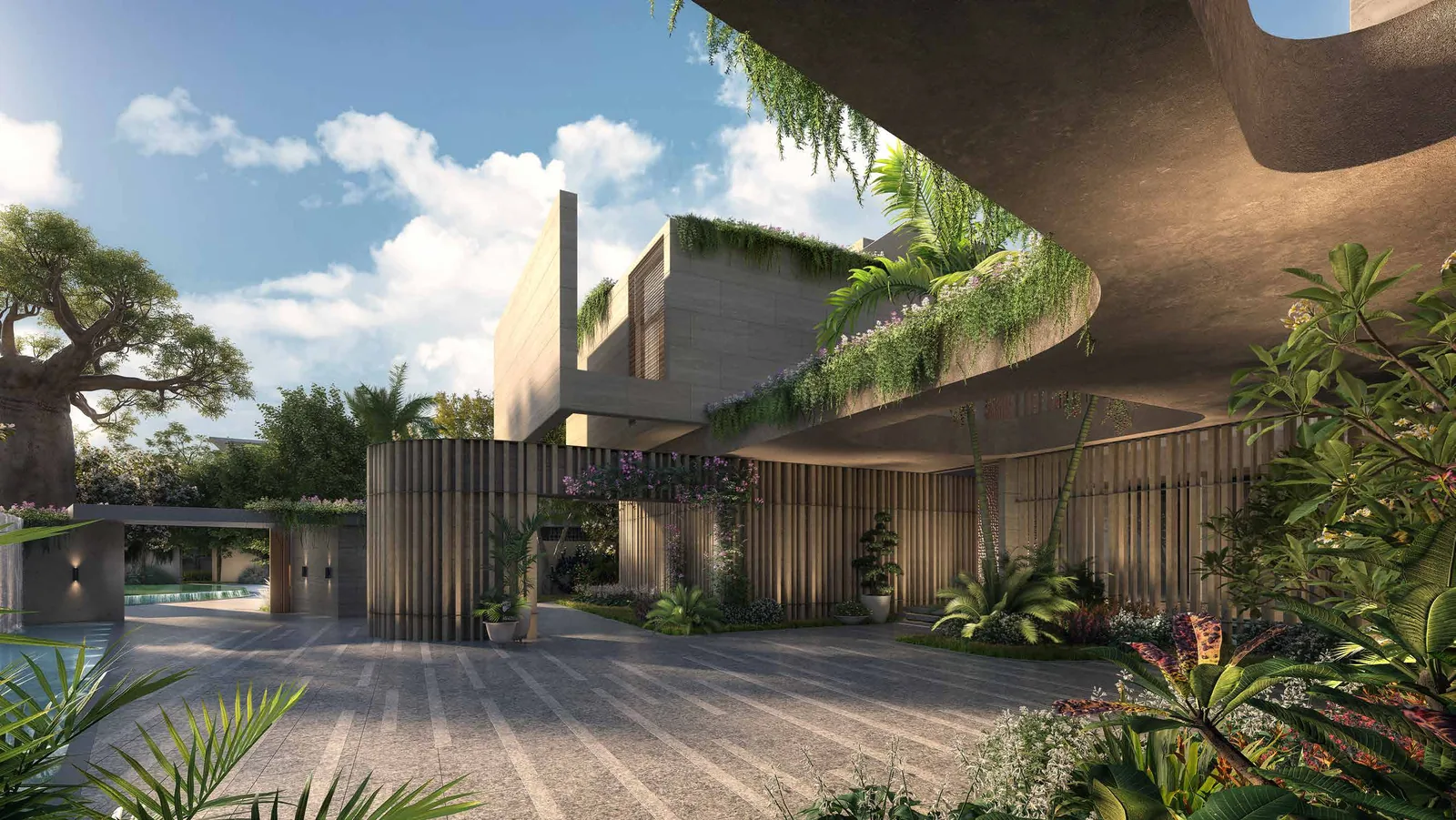 Expansive forecourt and double height entry of an Edge estate at Lanai Islands