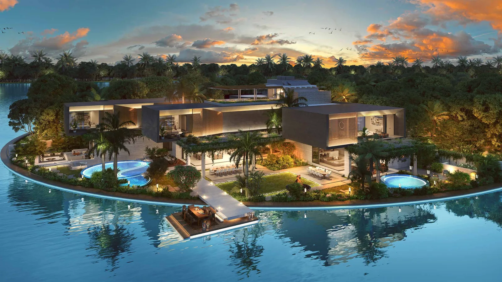 Edge estate at Lanai Islands at sunset with the lagoon on every side