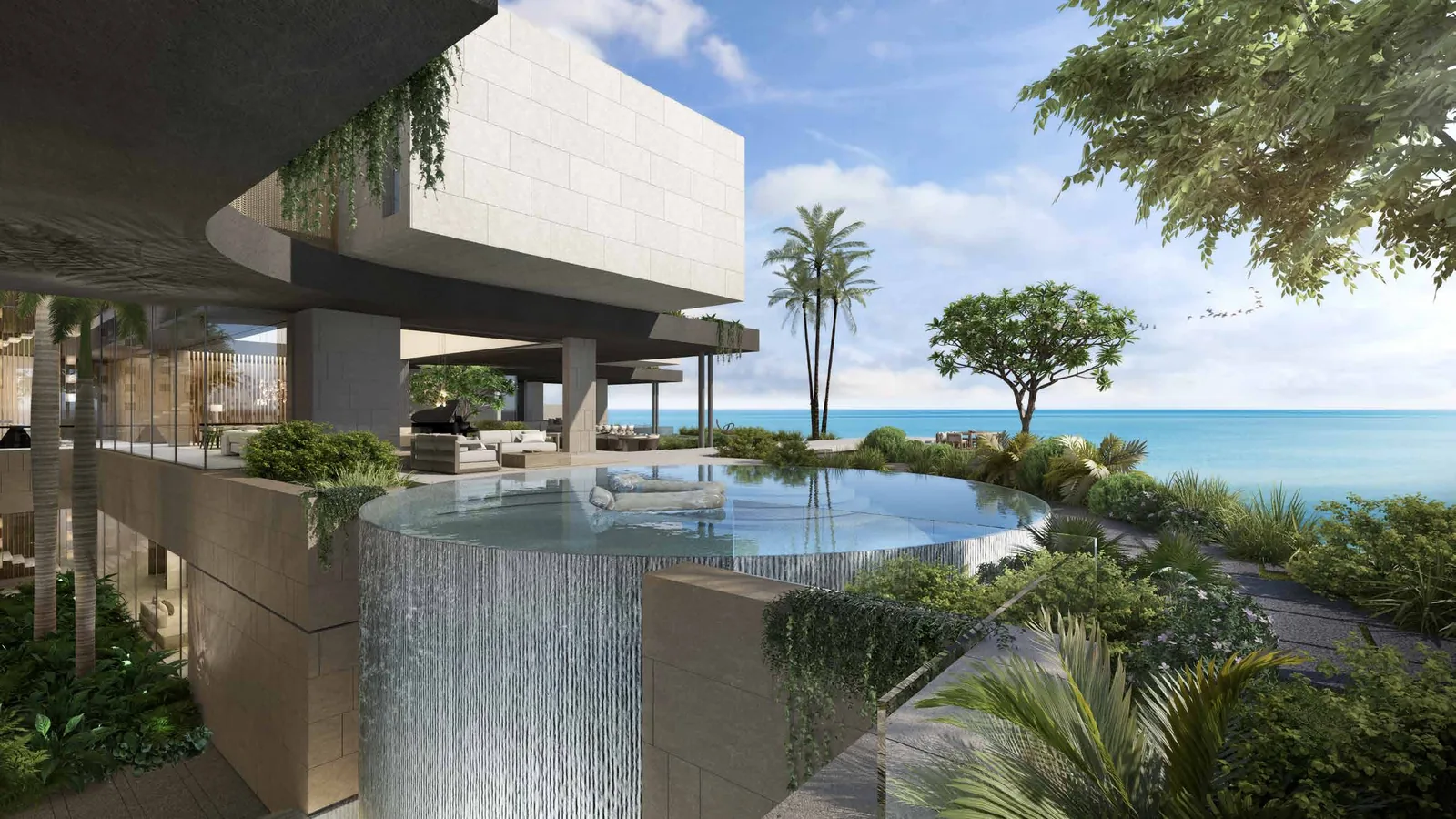 Cantilevered terrace and infinity pool looking over the lagoon at Lanai Islands