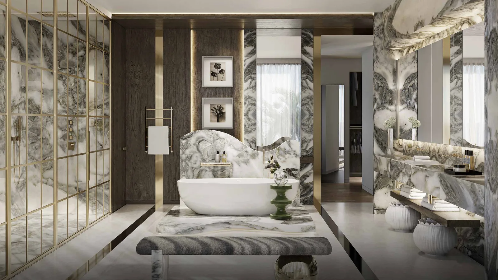 Marble master bathroom with freestanding tub in a Lanai Islands estate