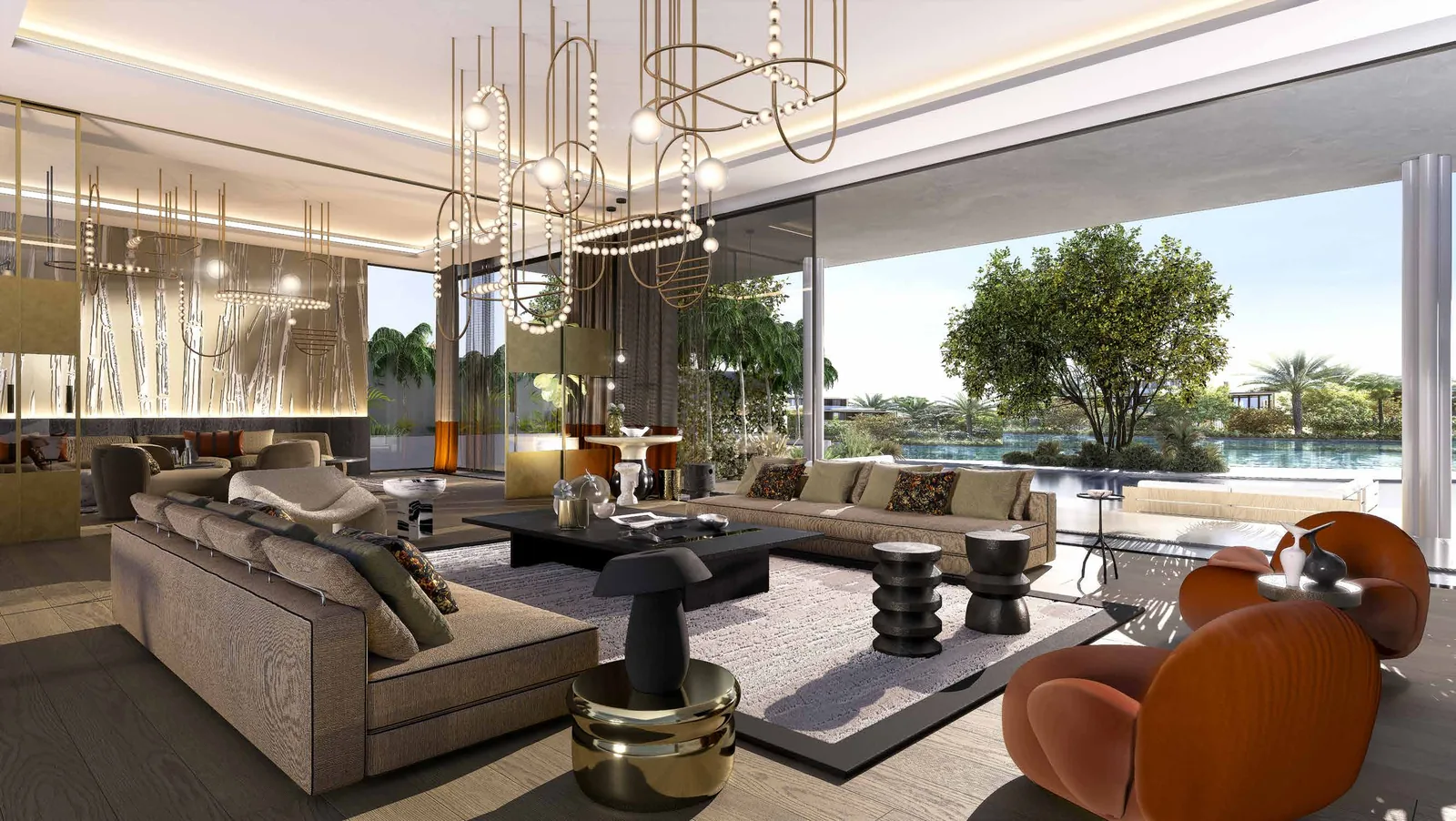 Shore estate living room opening to the lagoon through full height glass
