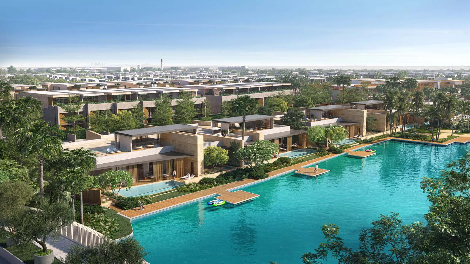 Water bungalows and club villas at Plagette 32 along the lagoon at Tilal Al Ghaf