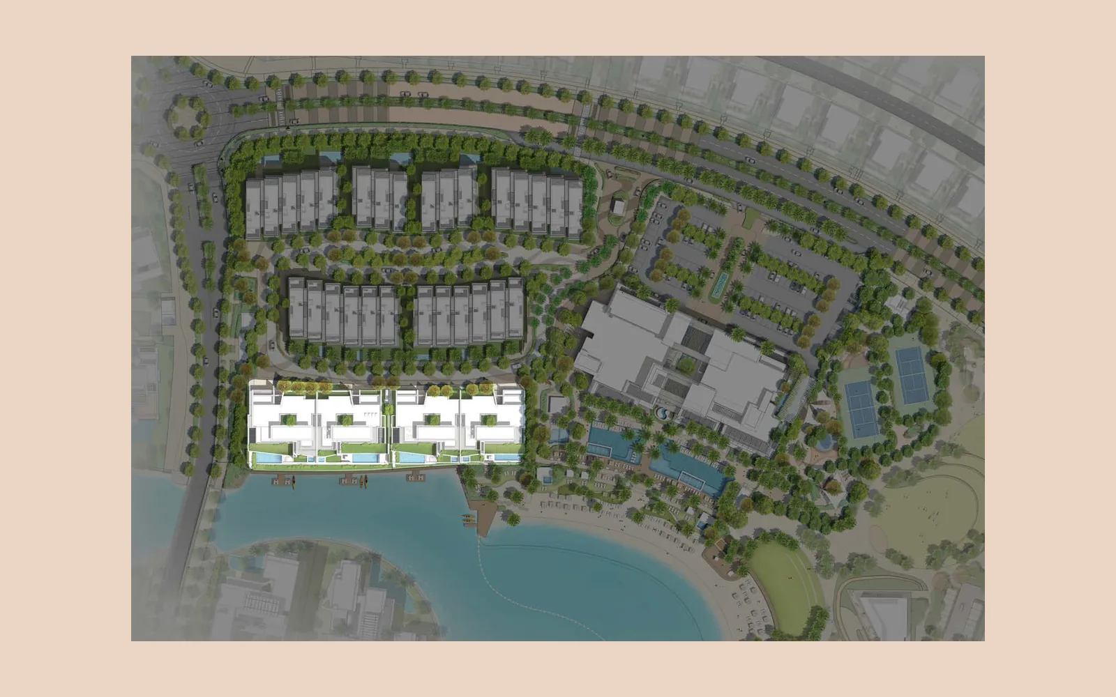 Plagette 32 key plan showing the club villa terraces, the four water bungalows and the beach club