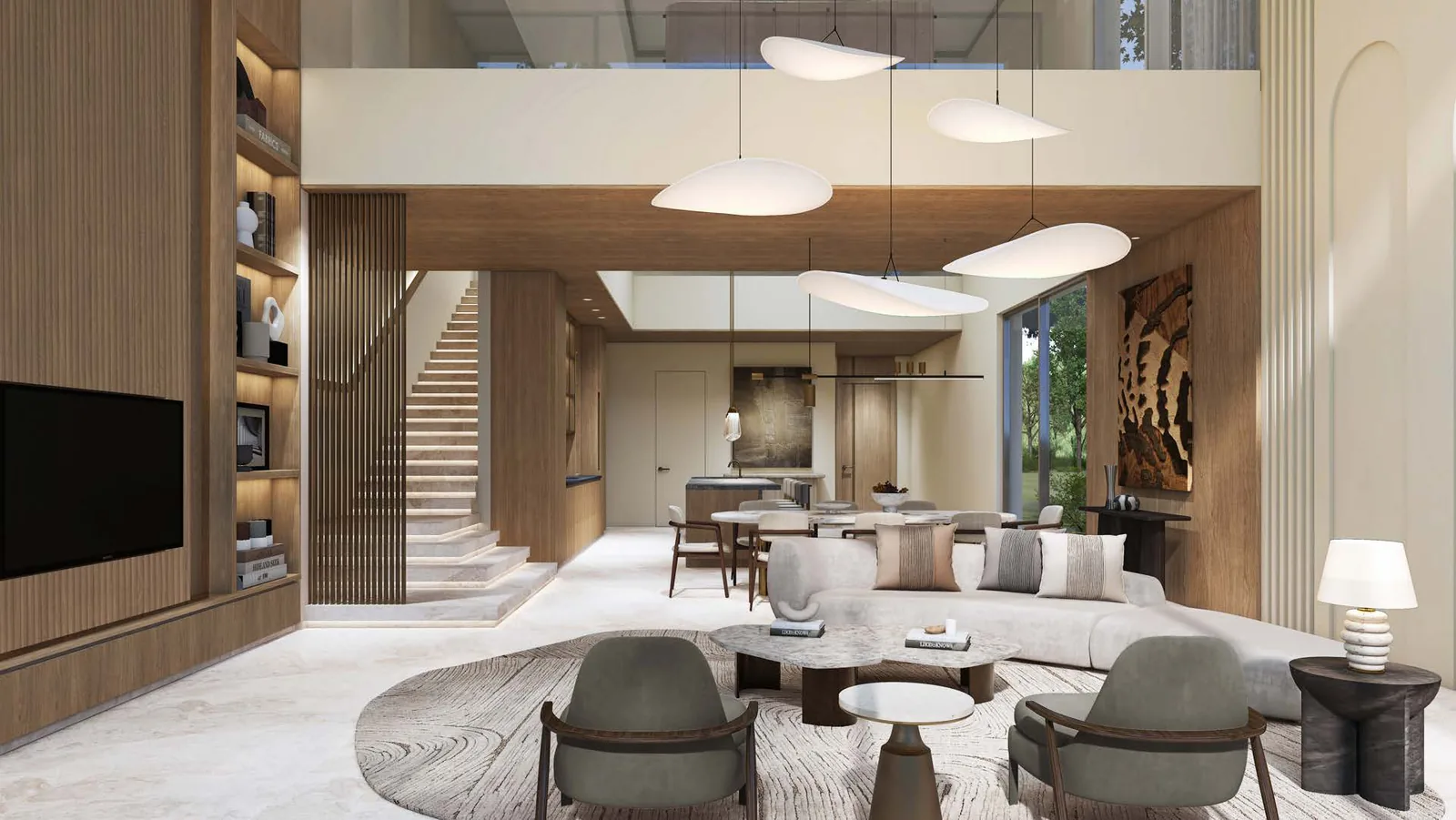 Double height living room in a Plagette 32 club villa with an open stair and kitchen beyond