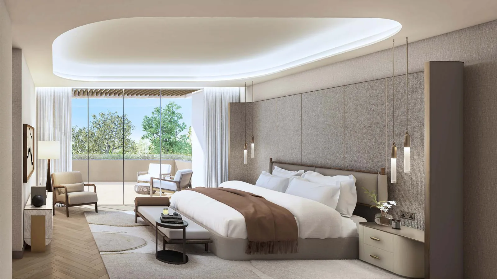 Master bedroom in a Plagette 32 club villa opening to a private terrace