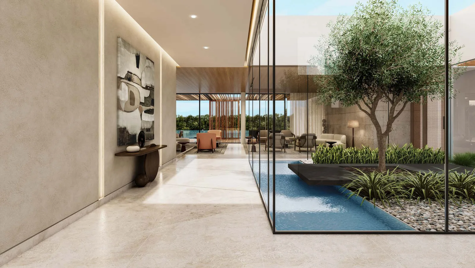 Indoor garden court in a Plagette 32 water bungalow with an olive tree and a water channel