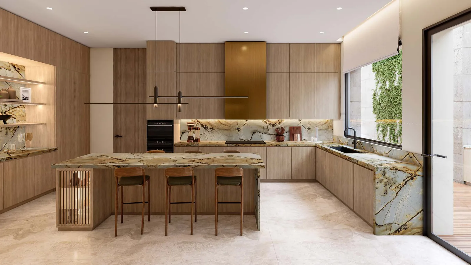 Kitchen in a Plagette 32 water bungalow with a stone island and timber joinery