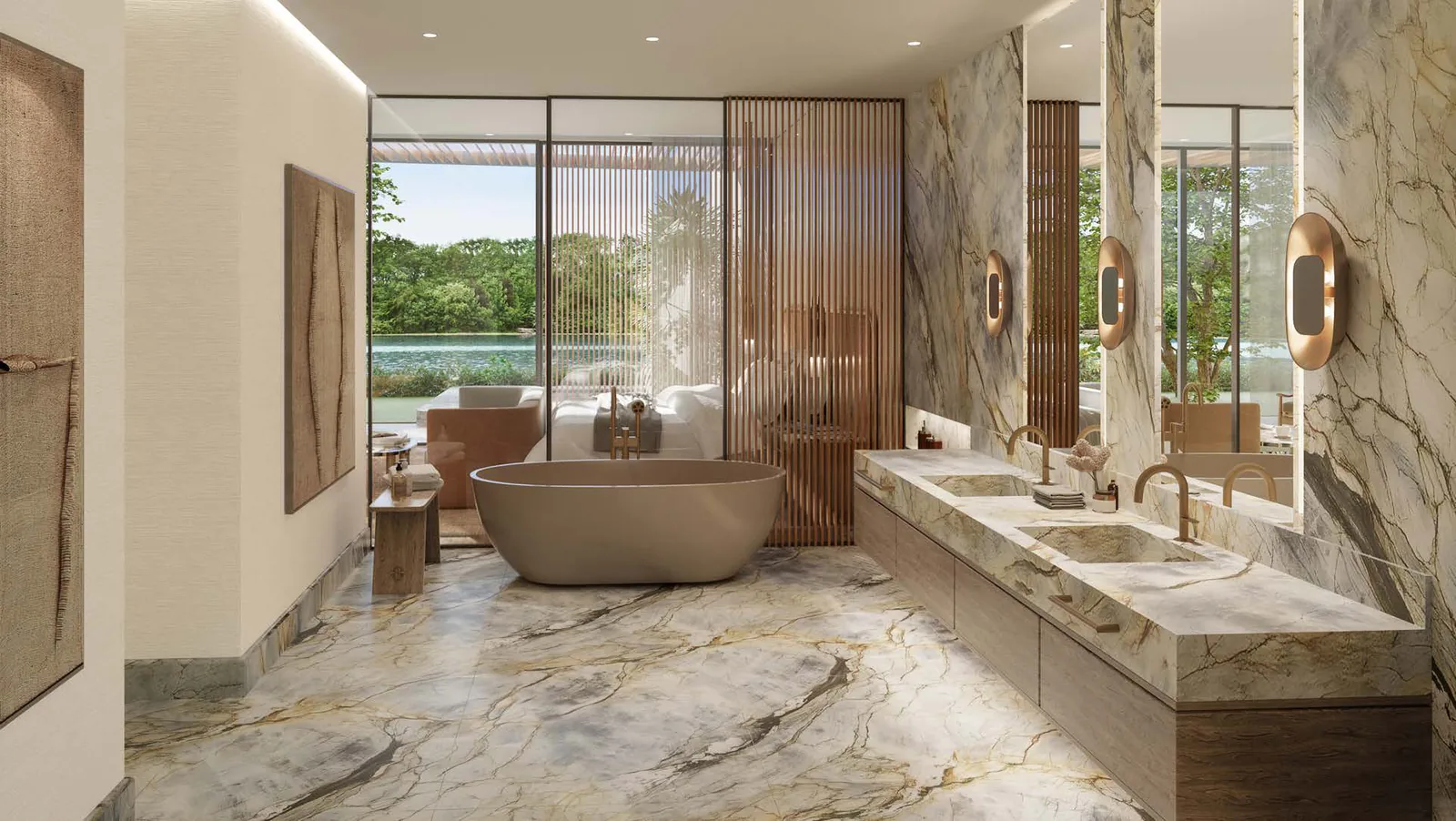 Master bathroom in a Plagette 32 water bungalow with a freestanding tub and twin stone basins