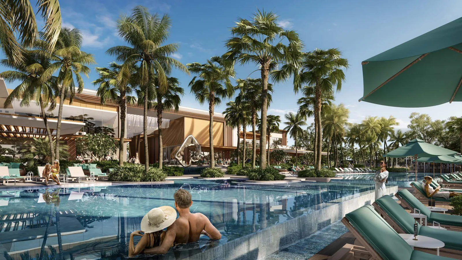 Pools, palms and loungers at the private beach club at Plagette 32, Tilal Al Ghaf